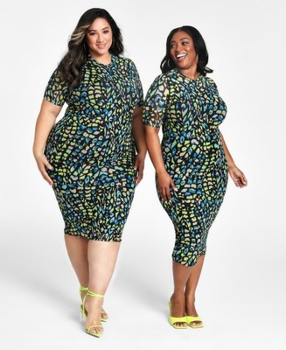 Nina Parker Plus Size Mesh MIDI Dress Women's 1X Mixed Multi Leopard Pullover